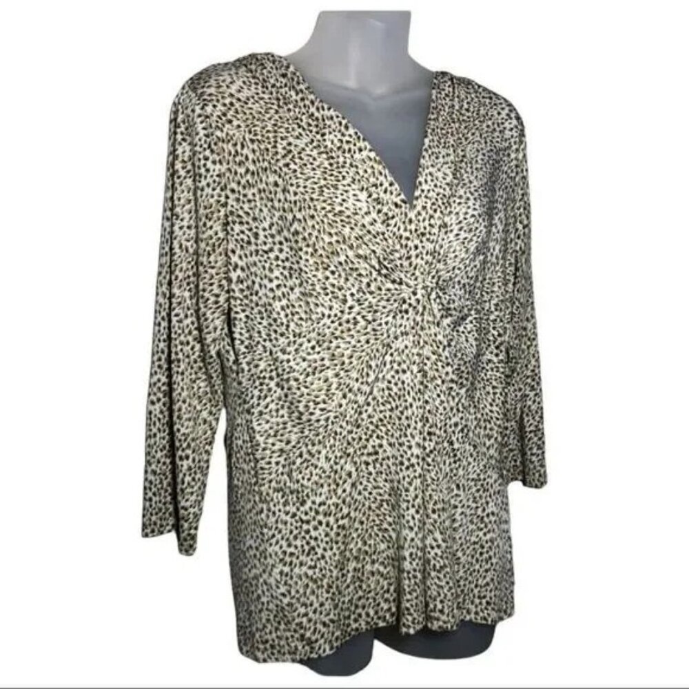 CHAUS WOMEN'S V-NECK GATHERED FRONT 3/4 SLEEVE ANIMAL PRINT‎ BLOUSE LARGE-EUC